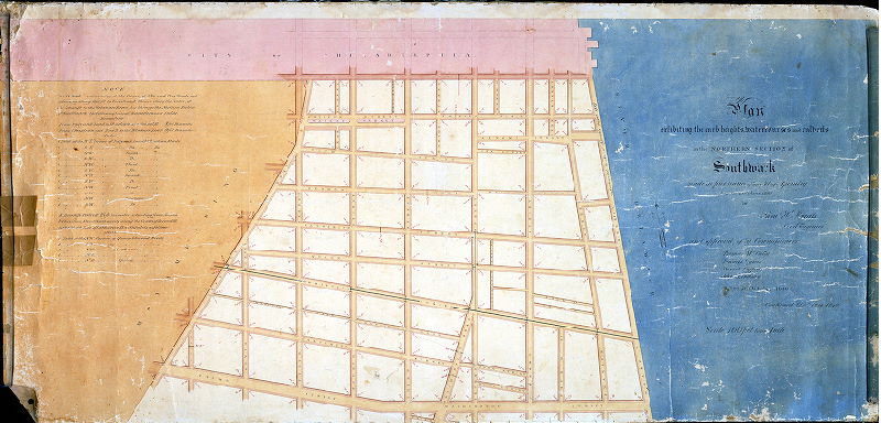 Plan, Plan exhibiting the curb heights watercourses and culverts in the northern section of Southwark [Act of Assembly June 21, 1839; approved by Commissioners Oct. 21, 1840; confirmed by Court Dec. 12, 1840], 1840