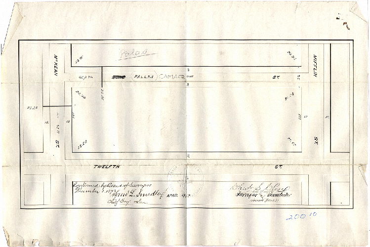 Plan, [No title. Pallas or Palas (now Camac) Street between McKean and Mifflin Sts. Survey returned April 1872; confirmed Dec. 1, 1873], 1872
