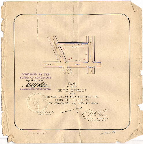 Plan, Plan placing Getz Street from Ritner St. to Moyamensing Ave. upon the City Plan [Ordinance Jan. 27, 1896; survey returned Jan. 29, 1896; confirmed April 20, 1896], 1896