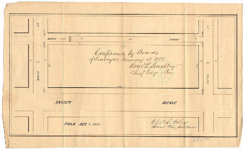 Plan, [No title. Mercy Street, Fifth to Sixth Streets. Ordinance Jan. 15, 1876; survey returned Dec. 9, 1876; confirmed Jan. 15, 1877], 1876