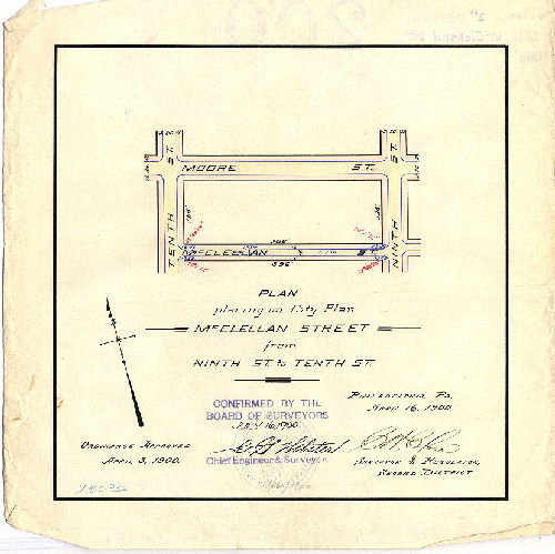 Plan, Plan placing upon the City Plan McClellan Street from Ninth St. to Tenth St. [Ordinance April 3, 1900; survey returned April 16, 1900; confirmed July 16, 1900] , 1900