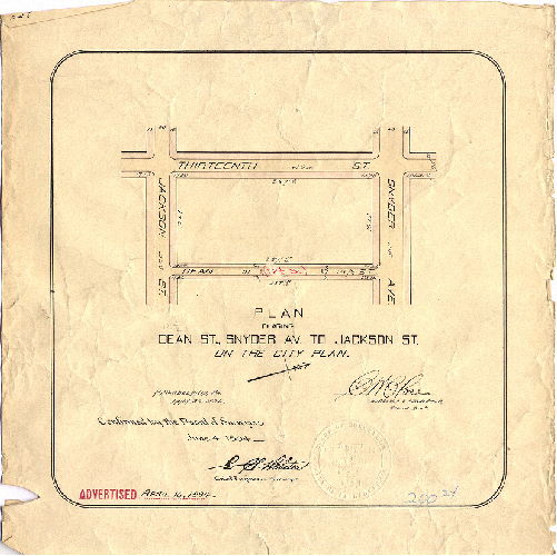 Plan, Plan placing Dean St., Snyder Av. to Jackson St. on the City Plan. [Survey returned Jan. 30, 1894; confirmed June 4,1894] , 1894