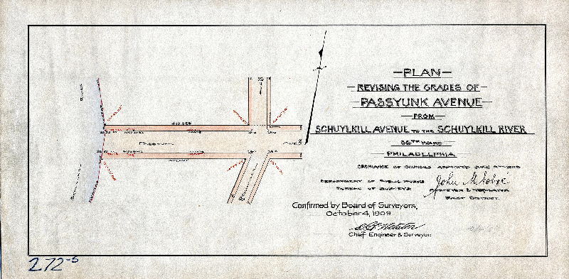 Plan, Plan revising the grades of Passyunk Avenue from Schuylkill Avenue to the Schuylkill River. [Ordinance June 8, 1909; confirmed Oct. 4, 1909], 1909