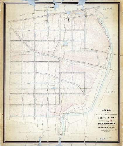 Plan (alternate image), Plan of the Seventh Section of the survey and regulation of Chestnut Hill, Twenty-second Ward, City of Philadelphia, made under the direction of the Department of Surveys and in accordance with resolution of Councils Nov. 29th, 1873. [Confirmation date not noted], 1873 ca.