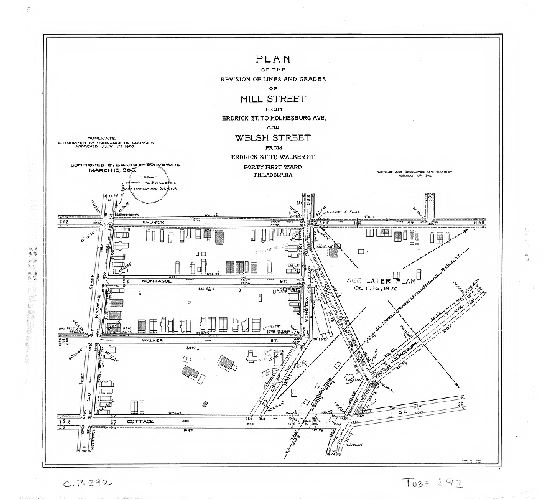 Plan, Plan of the revision of lines and grades of Mill Street from Erdrick St. to Holmesburg Ave. and Welsh Street from Erdrick St. to Walker St., Forty first Ward, Philadelphia [Ordinance July 11, 1907; survey returned Feb. 15, 1908; confirmed March 16, 1908], 1908