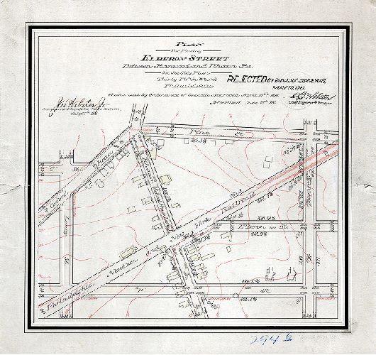 Plan, Plan for placing Elberon Street between Stanwood and Rhawn Sts. on the City Plan, Thirty-fifth Ward, Philadelphia [Ordinance April 13, 1896; survey returned July 27, 1896; rejected by Board of Surveyors May 19, 1901], 1896