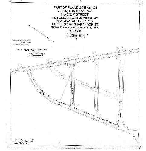 Plan, Part of Plans 298 and 311, striking from the City Plan Horter [Hortter] Street from Cliveden Ave. to Wissahickon Ave. and to place on the City Plan Upsal St. and Sharpnack St. from Wissahickon Ave. to Park Line Drive, 21st Ward [Ordinance June 13, 1906 and amended Dec. 21, 1908; confirmed March 29, 1909], 1909