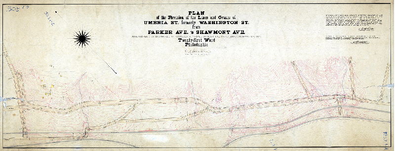 Plan, Plan of the revision of the lines and grades of Umbria St., formerly Washington St,. from Parker Ave. to Shawmont Ave., Twenty-first Ward Philadelphia [Ordinances 1876 and 1889; confirmed 1899 and 1908], 1899