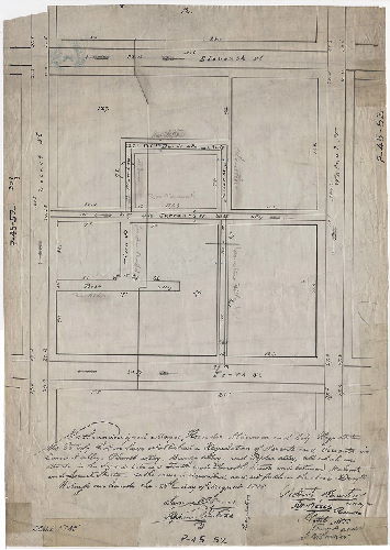 Plan, We the undersigned Mayor, Recorder, Alderman and City Regulator do certify that we have established a regulation of ascents and descents in Currant Alley, Plumb Alley, Burds Alley, and Poplar Alley, all which are situate in the square between Tenth and Eleventh Streets and between Walnut and Locust Streets - as the same is described and set forth in the above draft. Witness our hands the 28th day of August 1818 ... , 1818