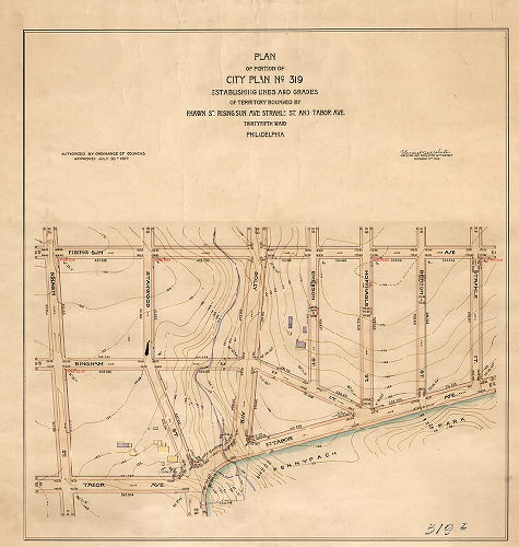 Plan, Plan of portion of City Plan No. 319 establishing lines and grades of territory bounded by Rhawn St., Rising Sun Ave., Strahle St. and Tabor Ave. Thirty-fifth Ward, Philadelphia [Ordinance July 20, 1907; survey returned Dec. 17, 1909; no confirmation date] , 1909