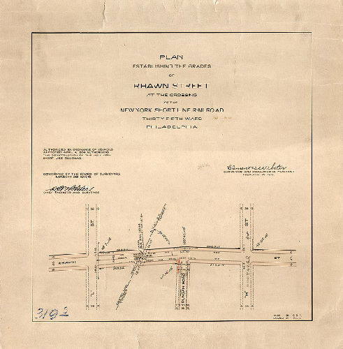 Plan, Plan establishing the grades of Rhawn Street at the crossing of the New York Short Line Railroad, Thirty-fifth Ward, Philadelphia [Ordinance April 4, 1904; survey returned Feb. 19, 1906; confirmed March 26, 1906], 1909