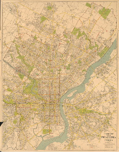 "Geographia" map of Philadelphia, Camden, and vicinity : featuring house numbers & transit lines, 1950 (circa)