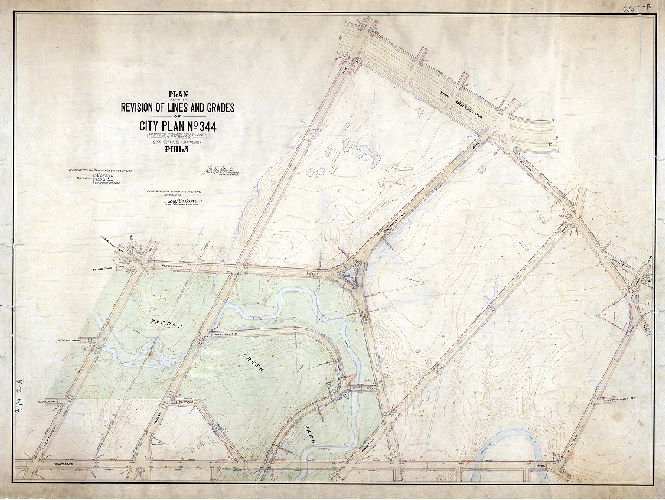 Plan, Plan of the revision of lines and grades of city plan no 344 (parts of former city plans 232, 241 and 256) 23rd, 35th and 42nd Wards Phila. [Five ordinances from 1891 to 1902; confirmed June 21, 1909], 1909