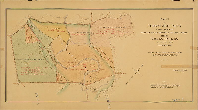 Plan, Plan of Pennypack Park showing properties selected and appropriated for Park purposes between Verree Road and Pine Road, Thirty-fifth Ward, Philadelphia. Prepared for the Board of view in the matter of the condemnation thereof under ordinance approved July 16th, 1915. [Survey returned May 25, 1916; confirmed; , 1916
