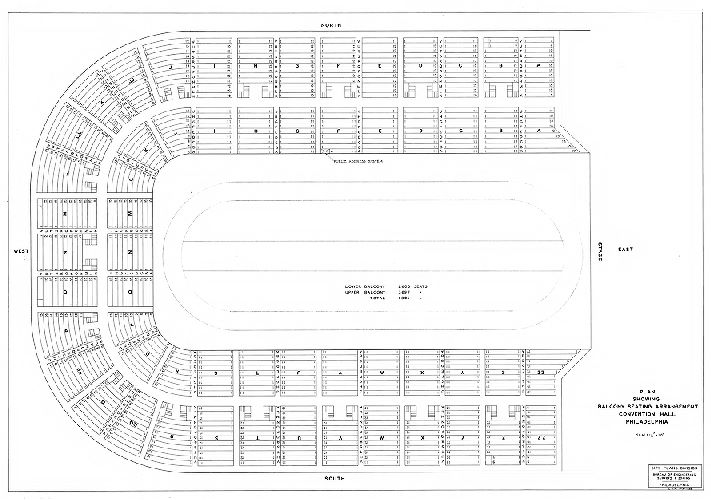 Plan, Plan showing balcony seating arrangement, Convention Hall, Philadelphia. City Plans Division, Bureau of Engineering, Surveys & Zoning, Philadelphia. L. J. M. 1-4-38, 1938