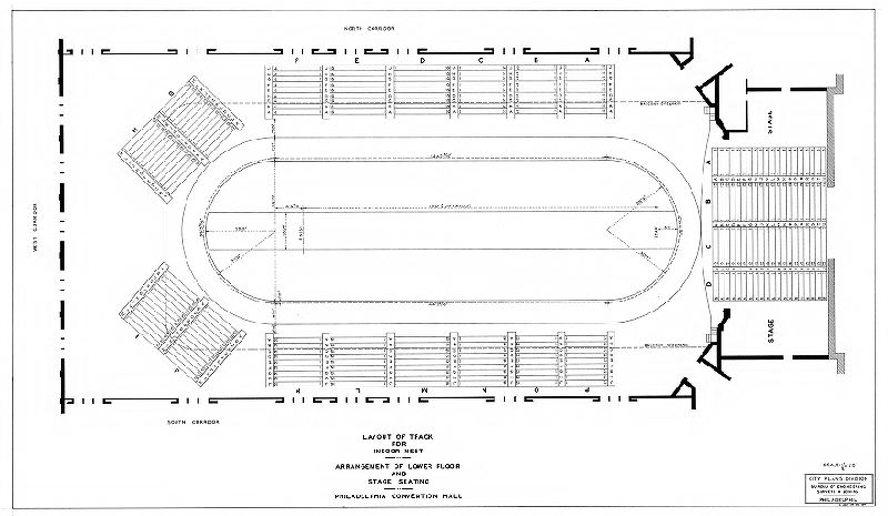 Plan, Layout of track for indoor meet. Arrangement of lower floor and stage seating. Philadelphia Convention Hall. City Plans Division, Bureau of Engineering, Surveys & Zoning, Philadelphia. L. J. M. 12-22-37, 1937