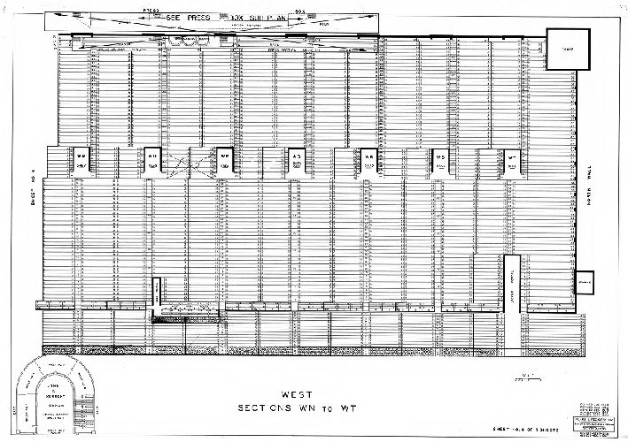 Plan, [John F. Kennedy Stadium] West Sections WN to WT. Sheet No. 3 of 7 sheets. Plans and Registry Division, Bureau of Engineering, Surveys, Zoning. October '36. Revised [to] Aug. 1963, 1963