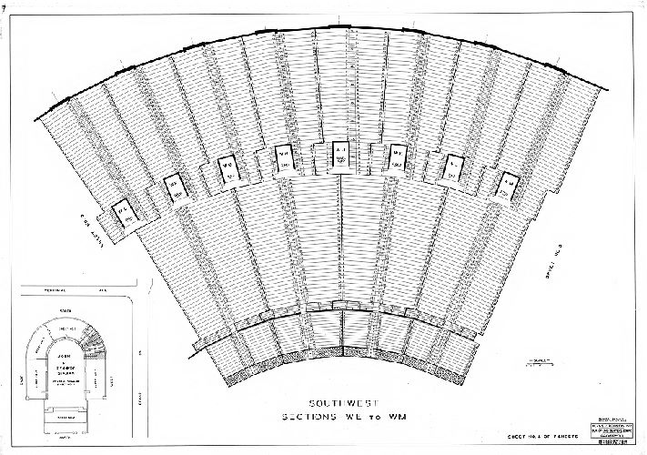 Plan, [John F. Kennedy Stadium] Southwest Sections - WE to WM. Sheet No. 4 of 7 sheets. Plans and Registry Division, Bureau of Engineering, Surveys, Zoning. October '36. Revised [to] Dec. 1959, 1959