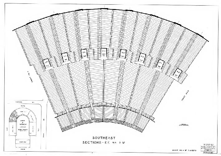 Plan, [John F. Kennedy Stadium] Southeast Sections - EE to EM. Sheet No. 6 of 7 sheets. Plans and Registry Division, Bureau of Engineering, Surveys, Zoning. October '36. Revised [to] Dec. 1959, 1959