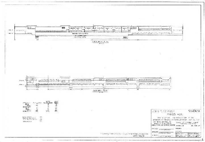 Plan, John F. Kennedy Stadium Press Box. Seat & Booth Identification Plan. Authorized by ordinance of Council, approved May 13, 1947. Seelye, Stevenson & Value, Consulting Engineers, 101 Park Ave., New York, N.Y. Drawing No. P4 of 4, Date, Sept. 23, 1948 … Revised [to] Sept. 9, 1960, 1960
