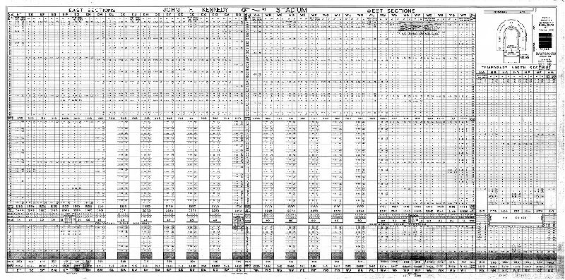 Plan, John F. Kennedy Stadium. Total seating capacity exclusive of Press Box: 98,604. Plans & Registry Division, Bureau of Engineers, Surveys, Zoning, October 1936. Revised [to] Aug. 1963. , 1963