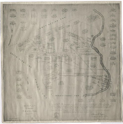 Plan, A connected draft showing the outlines of tracts of land found on record, situated in Blockley Township, Philadelphia County, the warrants, surveys, returns and patents bearing date respectively as above set forth, constructed from the original drafts and records remaining on file in the Department of Internal Affairs of Pennsylvania... , 1938
