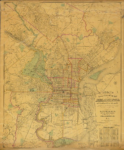 Plan (alternate image), Noll's new official guide map of Philadelphia from the latest official surveys & records, showing elevations lines, ward lines, streets, roads, rivers &c. & steam railways, public & private institutions, places of interest, &c. Published by E. P. Noll & Co. ... 1888, 1888