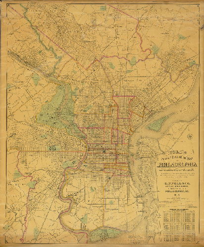 Plan, Noll's new official guide map of Philadelphia from the latest official surveys & records, showing elevations lines, ward lines, streets, roads, rivers &c. & steam railways, public & private institutions, places of interest, &c. Published by E. P. Noll & Co. ... 1888, 1888