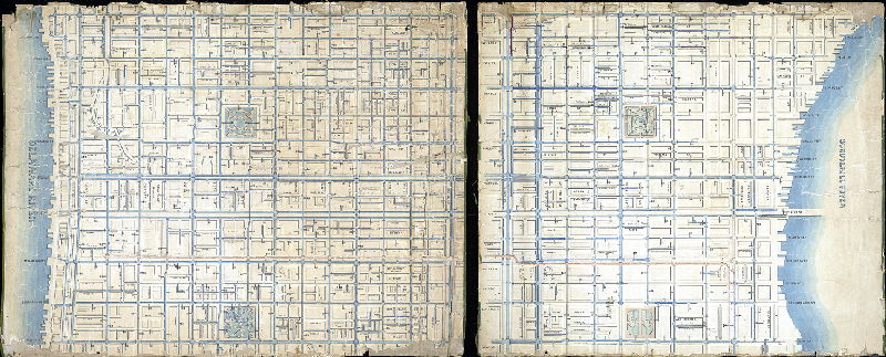 Plan (alternate image), [No title. Philadelphia Water Department pipe and hydrant plan, showing all pipes and hydrants with year of installation], 1850 ca.