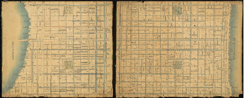 Plan, [No title. Philadelphia Water Department pipe and hydrant plan, showing all pipes and hydrants with year of installation], 1850 ca.