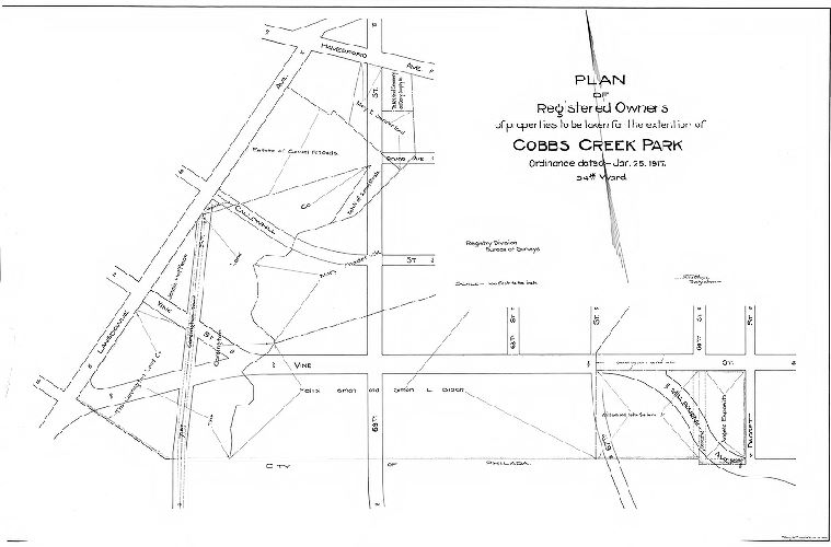 Plan, Plan of registered owners of properties to be taken for the extention [sic: extension] of Cobbs Creek Park. Ordinance dated Jan. 25, 1917. 34th Ward. Registry Division, Bureau of Surveys. , 1917