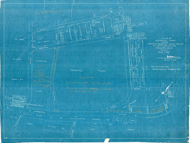 Plan, Plan of Fernhill Park showing properties and buildings thereon erected on streets bounding same. 22nd and 38th Wards, Phila. … Made for the use of the Commissioners of Fairmount Park [Survey returned March 7, 1916], 1916