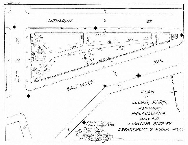 Plan, Plan of Cedar Park, 46th Ward, Philadelphia. Made for Lighting Survey, Department of Public Works. , 1933