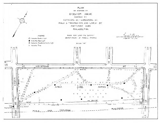 Plan, Plan of a portion of Disston Park bounded by Keystone St., Longshore St., Phila. and Trenton R.R. and Unruh St., Forty-first Ward Philadelphia. Made for Lighting Survey, Department of Public Works. , 1933