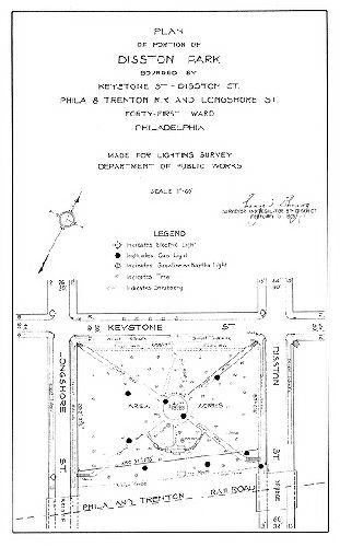 Plan, Plan of a portion of Disston Park bounded by Keystone St., Disston St., Phila. and Trenton R.R. and Disston St., Forty-first Ward Philadelphia. Made for Lighting Survey, Department of Public Works. , 1933