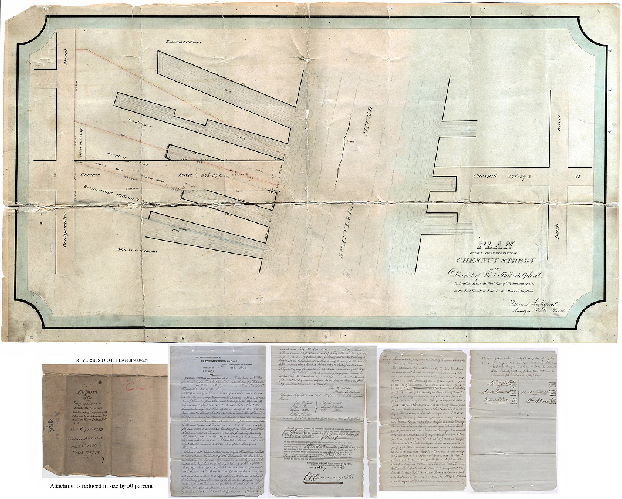 Plan, Plan of the eastern terminus of Chesnut [Chestnut] Street in the District of West Philadelphia, extending from the east line of Bridgewater St. to the Port Warden's Line in the River Schuylkill [Report attached], 1853