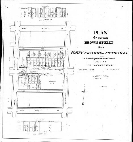 Plan, Plan for opening Brown Street from Forty-ninth St. to Fiftieth St. For use of the Road Jury only. [Ordinance July 7, 1908; lines confirmed July 17, 1858; grades confirmed Jan. 6, 1896; survey returned Nov. 4, 1909], 1909