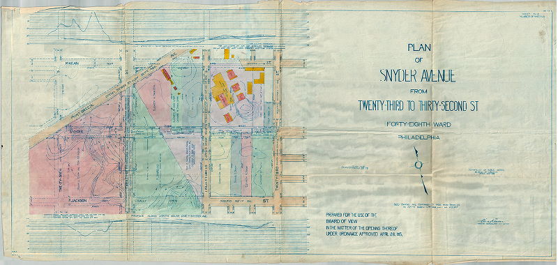 Plan, Plan of Snyder Avenue from Twenty-third to Thirty-second St., Forty-eight Ward, Philadelphia. Prepared for use of the Board of View in the matter of the opening thereof under ordinance approved April 26, 1915., 1916
