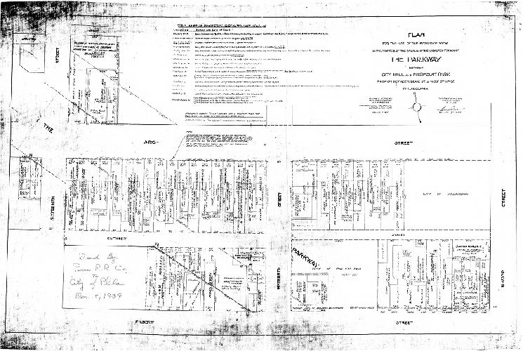 Plan, Plan for use of the Board of View in the matter of the opening of the unopened portion of The Parkway between City Hall and Fairmount Park, portion between Broad St. & west of 16th St., Philadelphia [Ordinances March 28, 1903; June 27, 1904; June 8, 1909], 1916