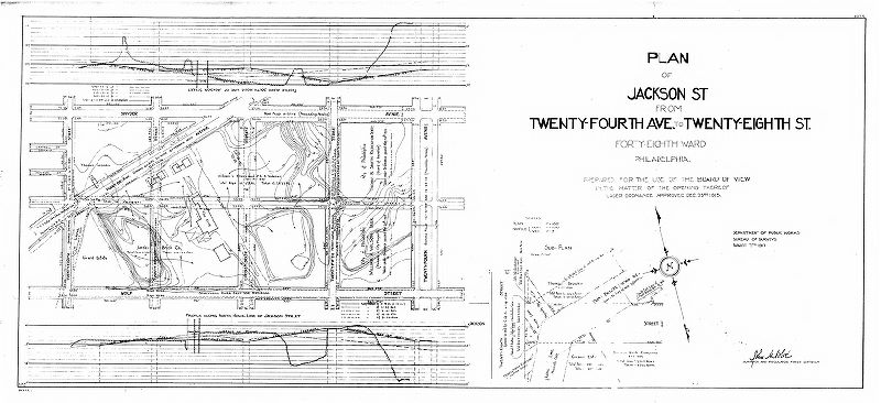 Plan, Plan [and profile] of Jackson Street from Twenty-fourth Ave. to Twenty-eighth St., Forty-eighth Ward, Philadelphia. Prepared for the use of the Board of View in the matter of opening thereof, under ordinance approved Dec. 23rd 1915. [Survey returned Aug. 7, 1917], 1917