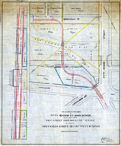 Plan, Plan of extension of Fifty Second St. Main Sewer from a point near 52nd Street and Lancaster Avenue to a point in Monticello Street, 523' 9-7/8" west of 52nd St. For use of Road Jury only. Jan. 15, 1895, 1895