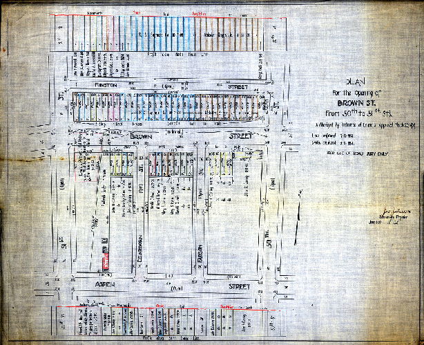 Plan, Plan for the opening of Brown St. from 50th to 51st Sts. Authorized by ordinance of Councils, approved March 20, 1909. Lines confirmed July 17, 1858. Grades confirmed March 8, 1884. For use of Road Jury only. June 5, 1909, 1909