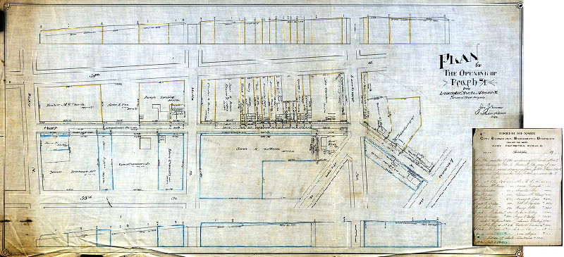 Plan, Plan for the opening of Peach St. from Lancaster Ave. to Master St. For use of Road Jury only. May 25, 1894 [With attached list of damage awards], 1894