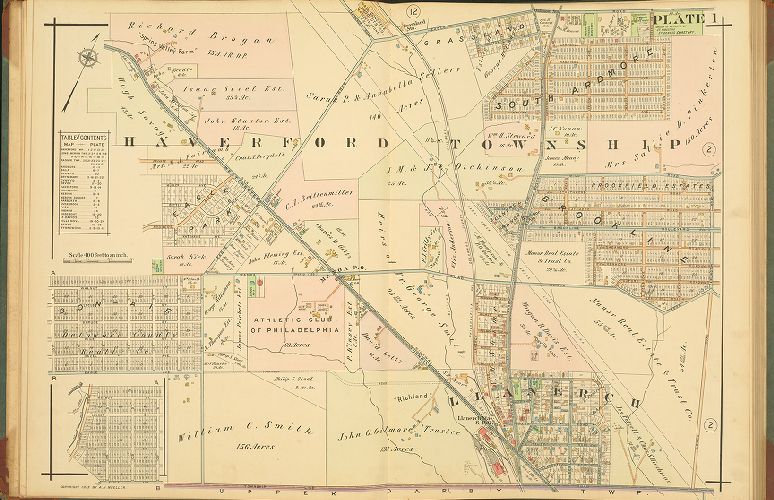 Plate 1, Atlas of Properties on Main Line Pennsylvania Railroad from Overbrook to Paoli, 1913