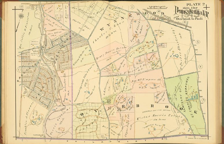 Plate 2, Atlas of Properties on Main Line Pennsylvania Railroad from Overbrook to Paoli, 1913