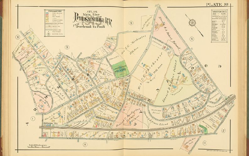 Plate 10, Atlas of Properties on Main Line Pennsylvania Railroad from Overbrook to Paoli, 1913