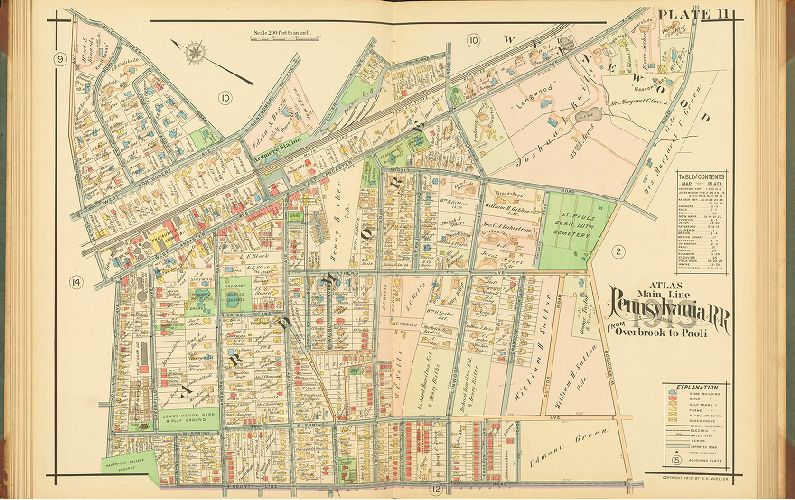 Plate 11, Atlas of Properties on Main Line Pennsylvania Railroad from Overbrook to Paoli, 1913
