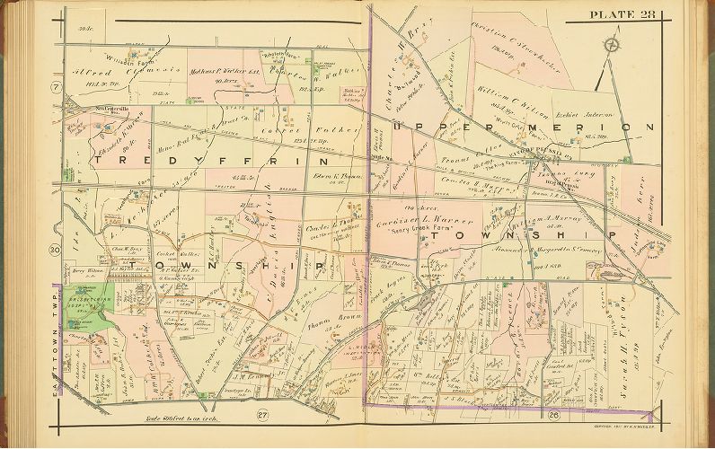Plate 28, Atlas of Properties on Main Line Pennsylvania Railroad from Overbrook to Paoli, 1913