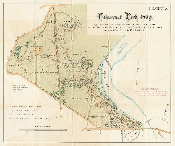 Map, Fairmount Park 1869. Map showing the improvements on the west-side of the river from Girard Avenue to George’s Hill and Belmont, made from the 28th of April to the 1st of December., 1870