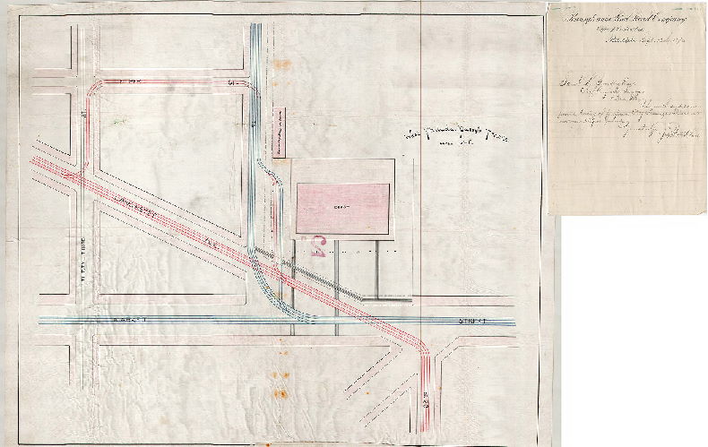 Plan, West Philada. Pass'r. Tracks [Attached letter of transmittal from James K. McClure, president, Pennsylvania Railroad Company, to Samuel L. Smedley, Chief Engineer and Surveyor of Philadelphia, Sept. 13, 1876], 1876